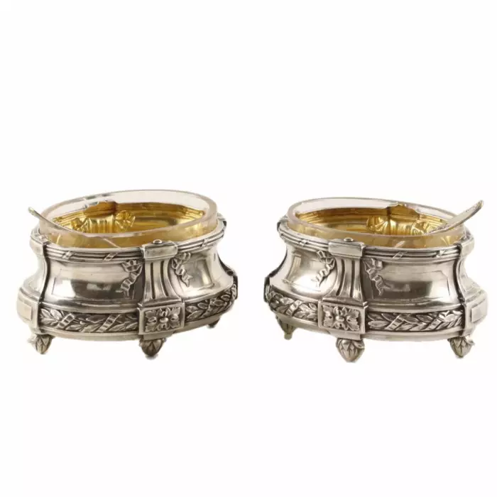 PAIR OF FRENCH SILVER SALTS WITH SPOONS IN THEIR ORIGINAL PRESENTATION CASE