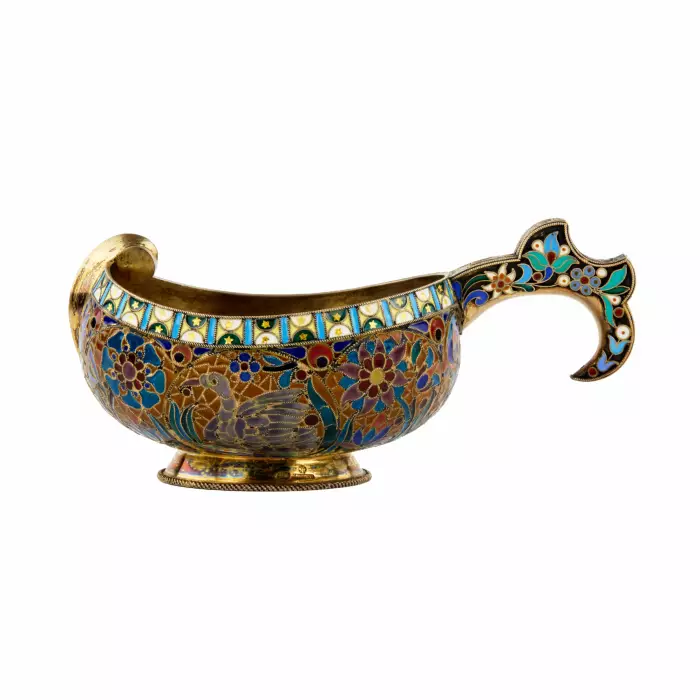 Large magnificent silver Kovsh 84 assay P. Ovchinnikov with stained glass enamel. Moscow. At the turn of 1900 