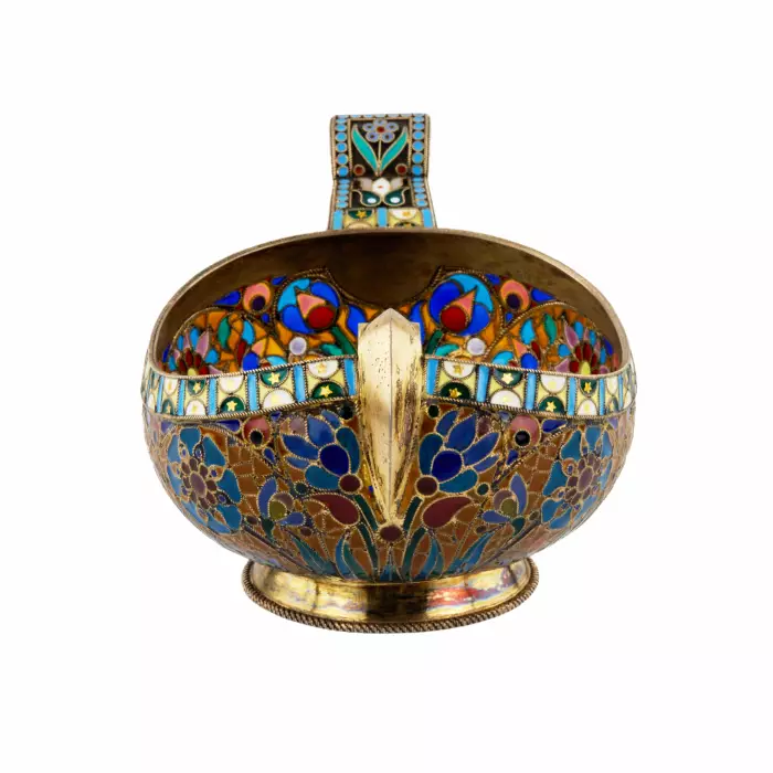 Large magnificent silver Kovsh 84 assay P. Ovchinnikov with stained glass enamel. Moscow. At the turn of 1900 