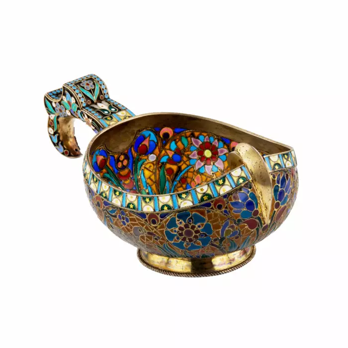 Large magnificent silver Kovsh 84 assay P. Ovchinnikov with stained glass enamel. Moscow. At the turn of 1900 