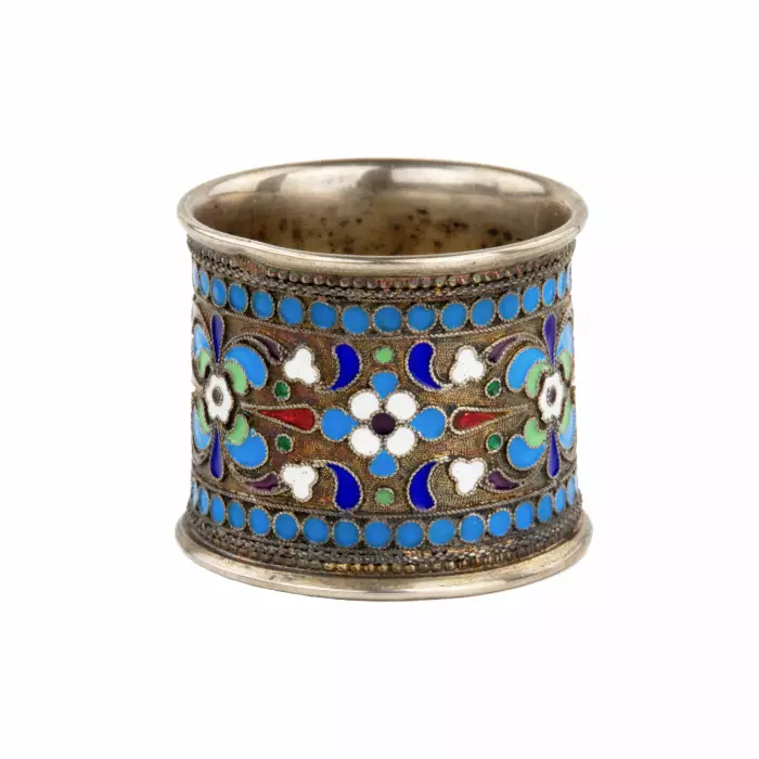 Russe, rond de serviette en argent, email cloisonne. 