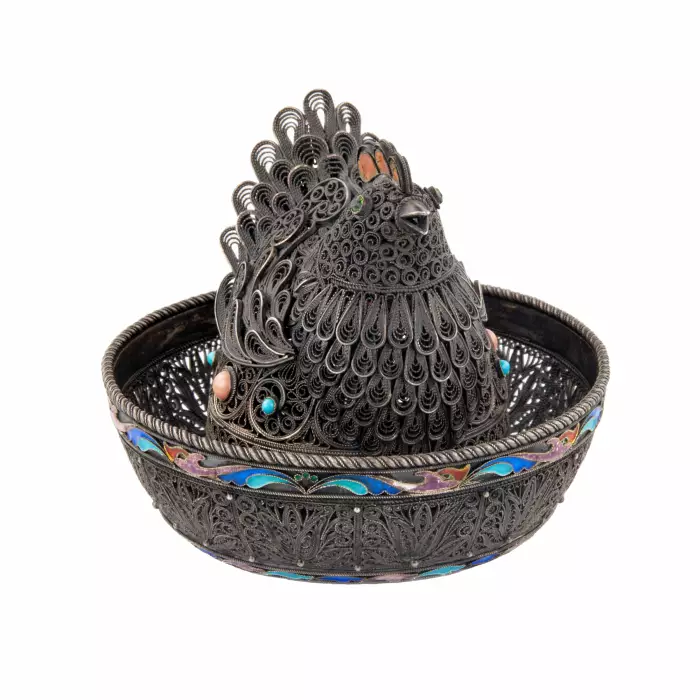 Pot de charrue de Pâques en argent avec email - Poule. 