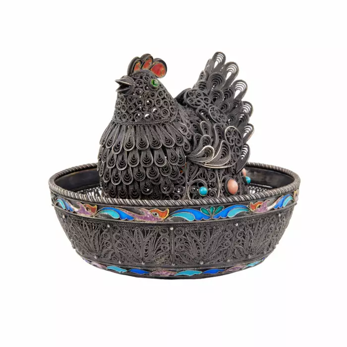 Pot de charrue de Pâques en argent avec email - Poule. 