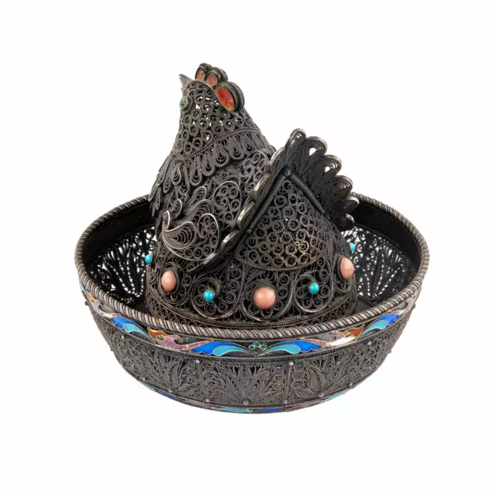 Pot de charrue de Pâques en argent avec email - Poule. 