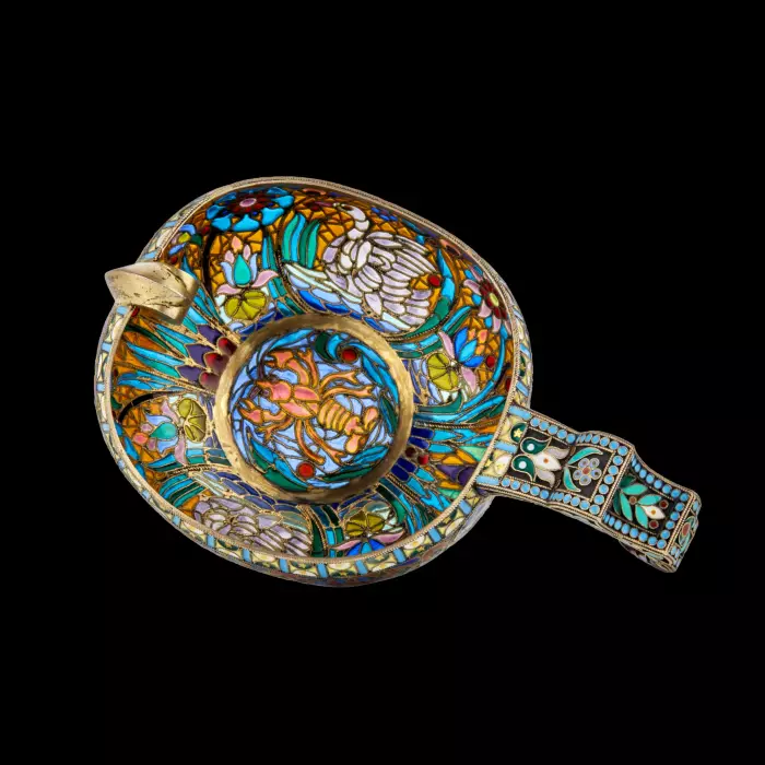 Large magnificent silver Kovsh 84 assay P. Ovchinnikov with stained glass enamel. Moscow. At the turn of 1900 
