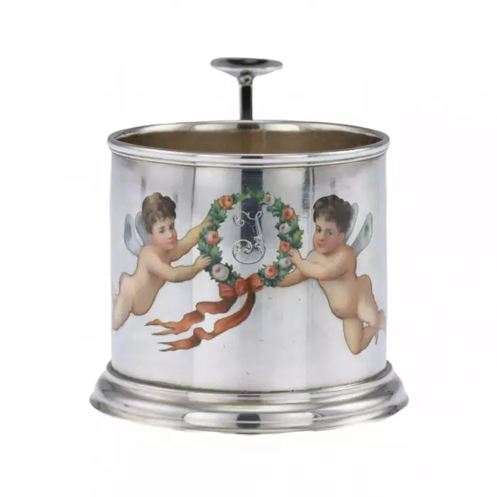 Sous-verre en argent avec peinture de l`atelier de Khlebnikov.1878 