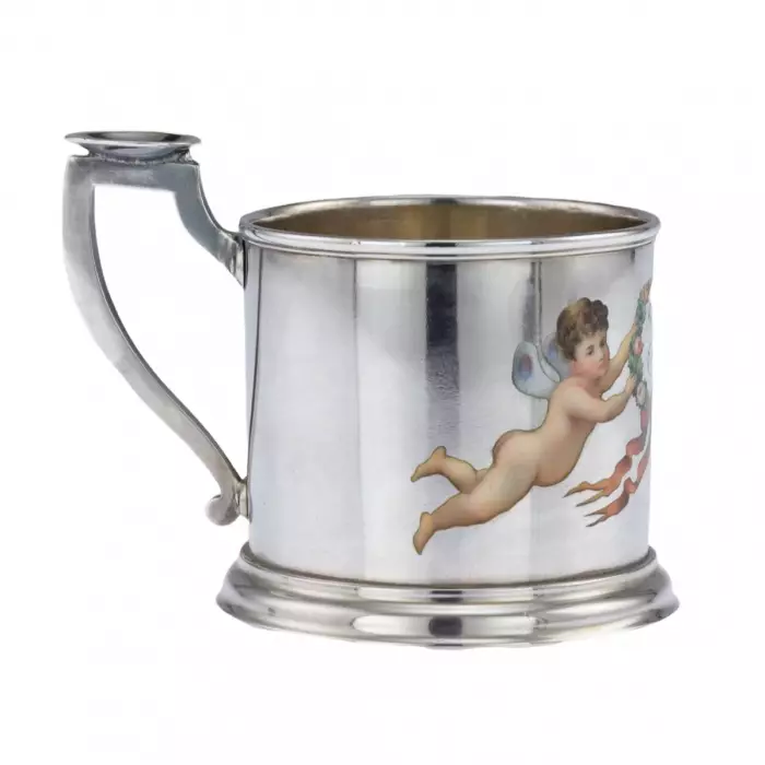 Sous-verre en argent avec peinture de l`atelier de Khlebnikov.1878 
