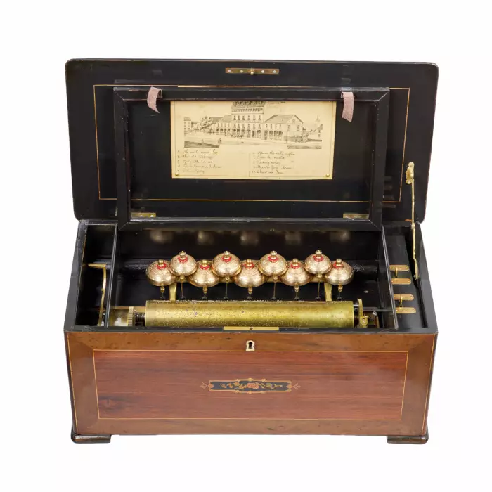 Music box with drum mechanism and 9 bells for 10 melodies. 19th century. 