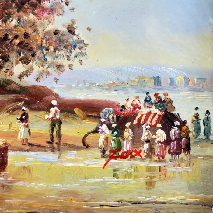 Petit tableau, huile sur panneau. Procession rituelle dans l`Indus. 