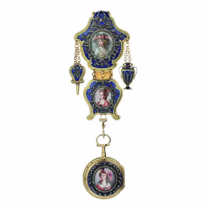 Châtelain avec montre de poche en or, diamants et peinture sur email. France 19ème siècle. 