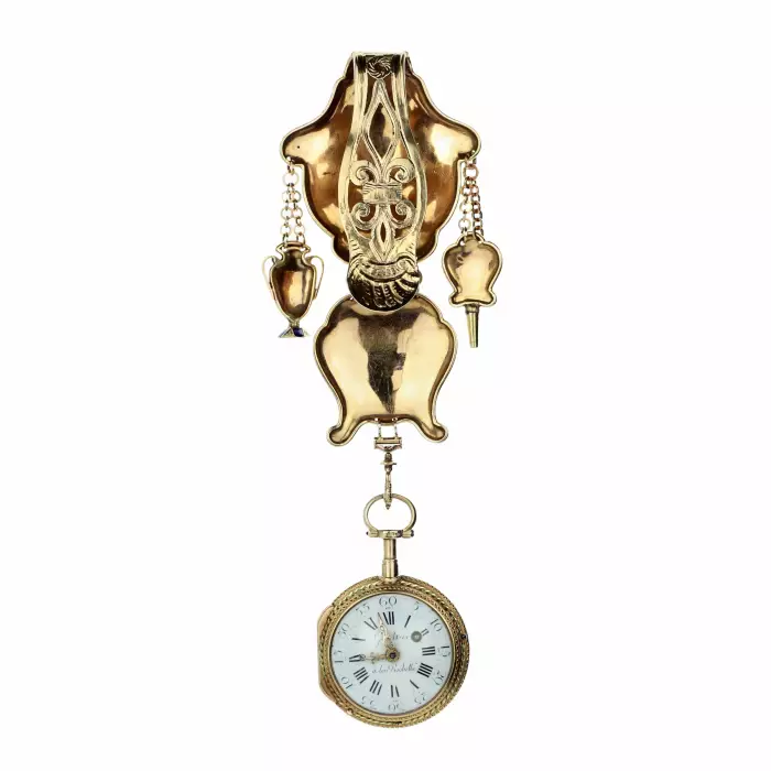 Châtelain avec montre de poche en or, diamants et peinture sur email. France 19ème siècle. 
