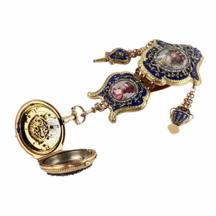 Châtelain avec montre de poche en or, diamants et peinture sur email. France 19ème siècle. 