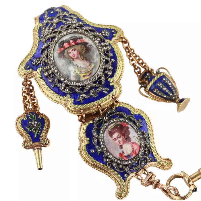 Châtelain avec montre de poche en or, diamants et peinture sur email. France 19ème siècle. 