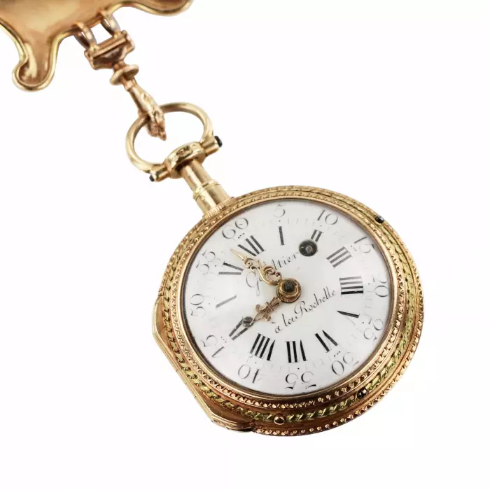 Châtelain avec montre de poche en or, diamants et peinture sur email. France 19ème siècle. 