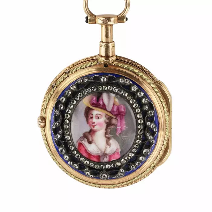Châtelain avec montre de poche en or, diamants et peinture sur email. France 19ème siècle. 