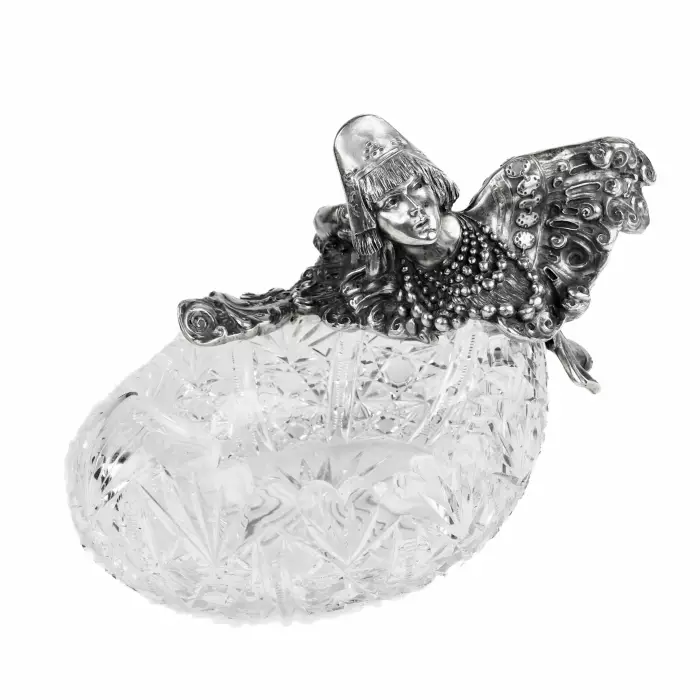 Pot de fruits russe en cristal lourd et argent, sous la forme d`une figure feminine - l`oiseau Alkonost. 