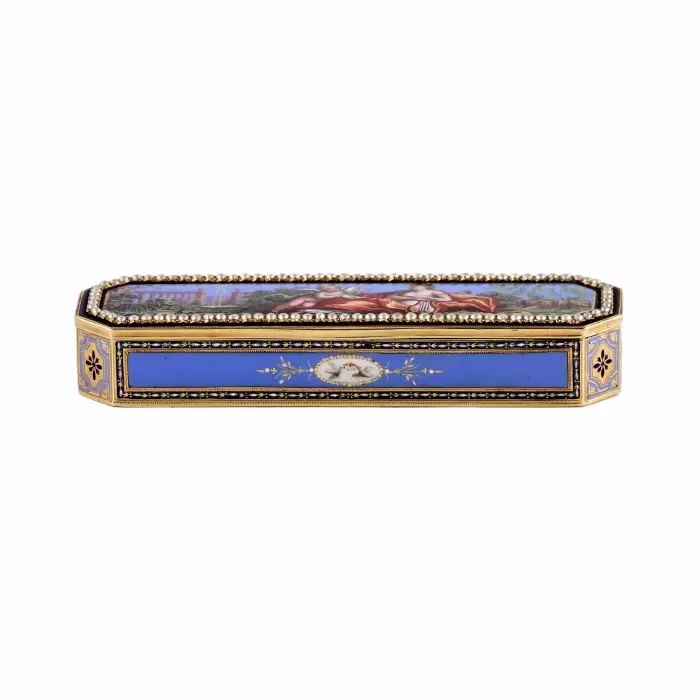 Toothpick case in gold and enamel, embellished with pearls. Geneva or Hanau, circa 1790 