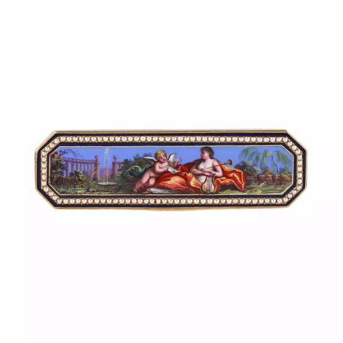 Toothpick case in gold and enamel, embellished with pearls. Geneva or Hanau, circa 1790 