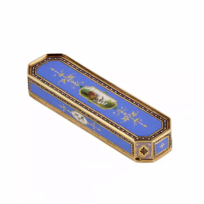 Toothpick case in gold and enamel, embellished with pearls. Geneva or Hanau, circa 1790 