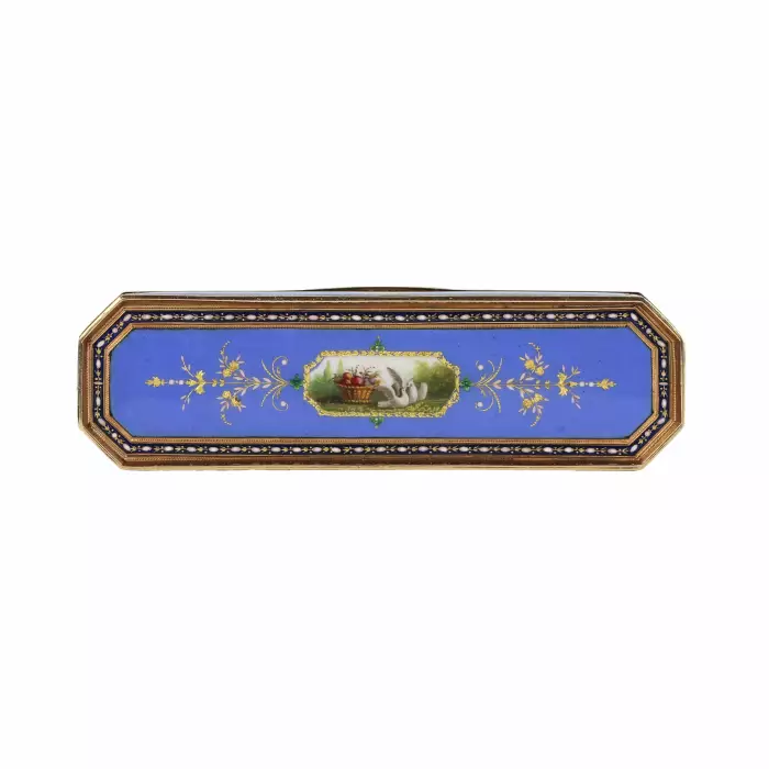 Toothpick case in gold and enamel, embellished with pearls. Geneva or Hanau, circa 1790 
