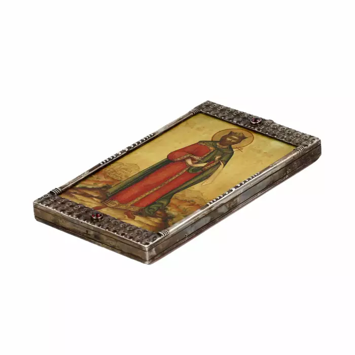 Un attribut fascinant de l`Art nouveau russe par Faberge. Icône de St. Constantin sur zinc en argent. 