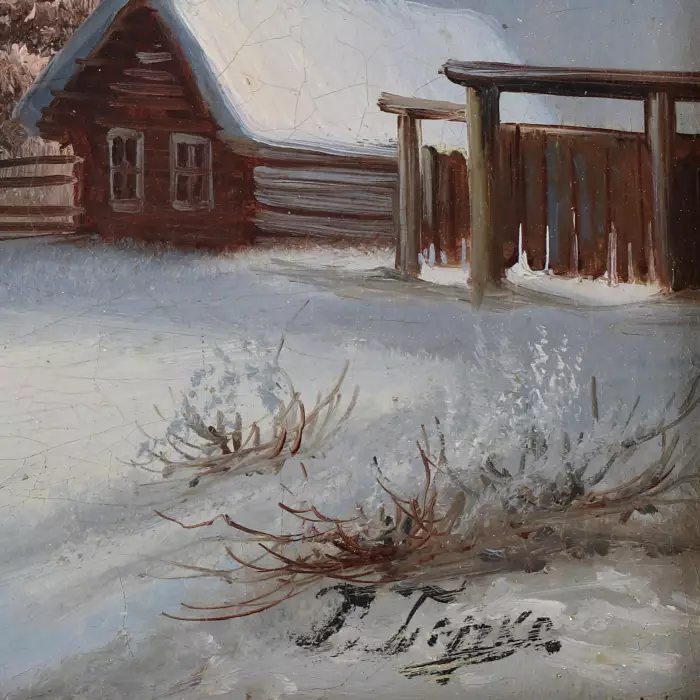 Paysage d`hiver avec vue sur un village russe. 19ème siècle. 