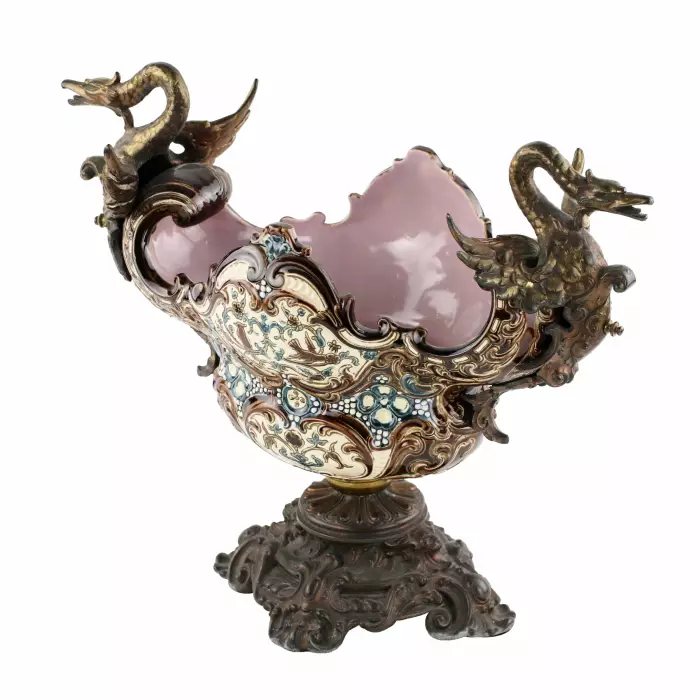 MAJOLICA JARDINIÈRE IN THE FORM OF A BOAT WITH GRIFFINS