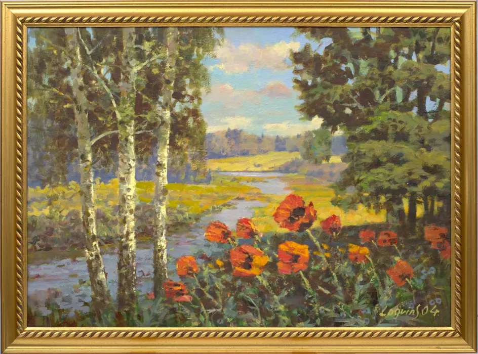 Paysage naturel avec rivière et coquelicots 