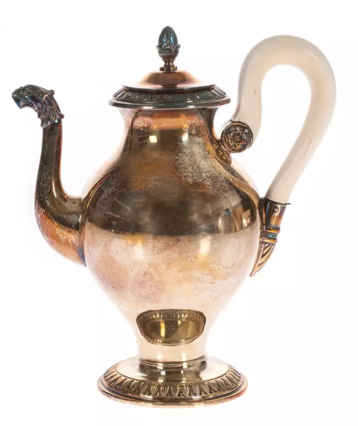 Gilded silver set - coffee pot, cream bowl, sugar-basin and tray
