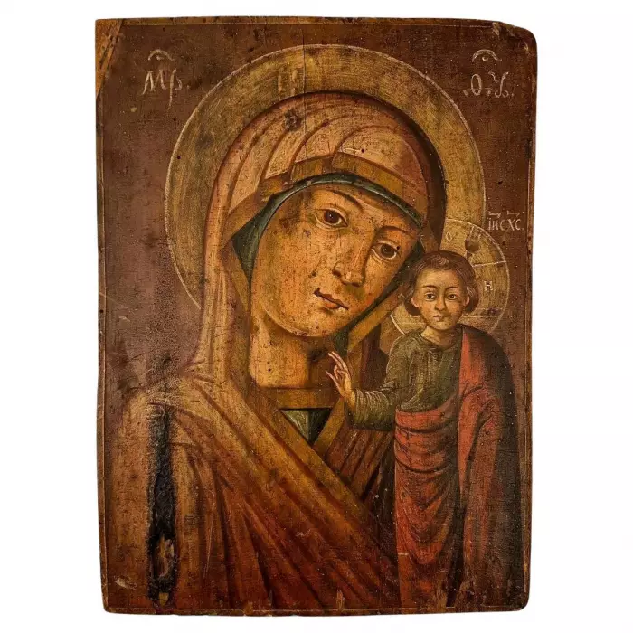 Virgin of Kazan, Russian Icon, Oil on Wood Panel, 19th century
