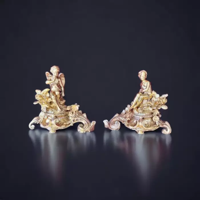 Pair Of Napoleon III Period Gilt Bronze Putti Andirons, 19th century