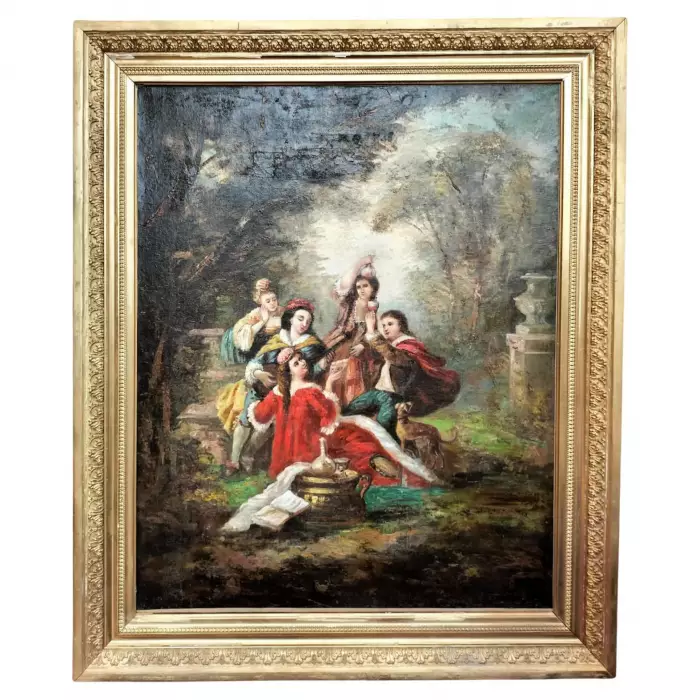 Large Oil-on-Canvas Painting of Aristocrats in a Lush Garden, 19th Century