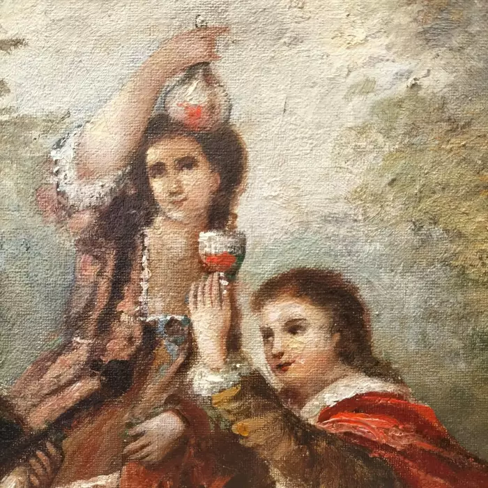 Large Oil-on-Canvas Painting of Aristocrats in a Lush Garden, 19th Century