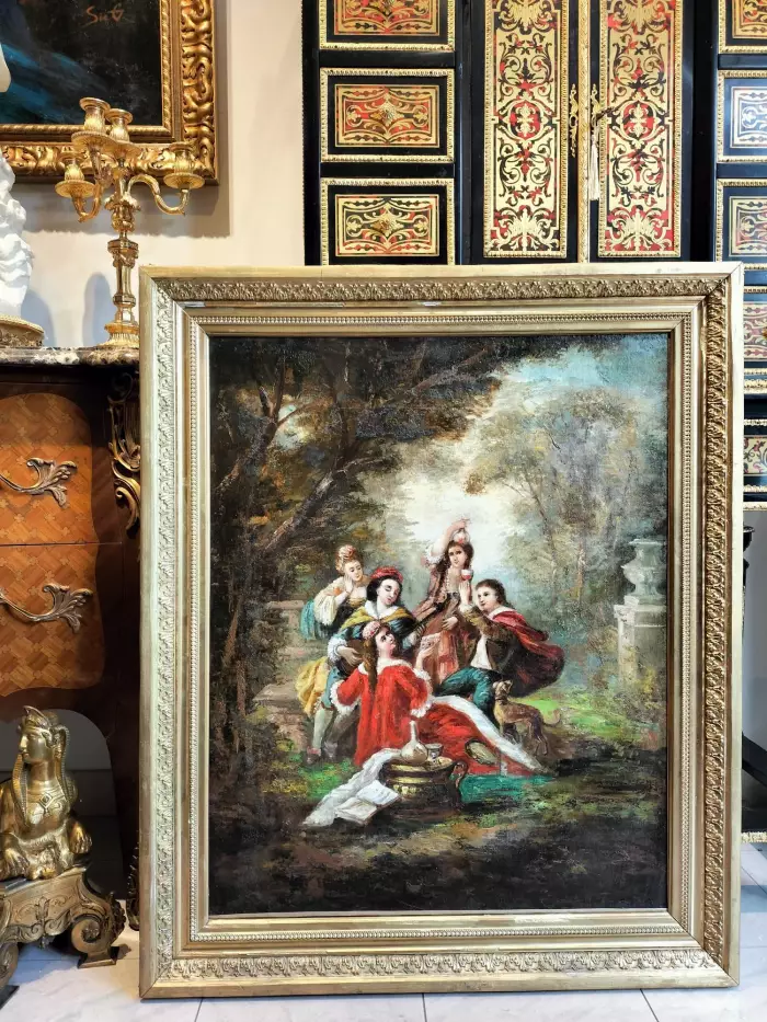 Large Oil-on-Canvas Painting of Aristocrats in a Lush Garden, 19th Century