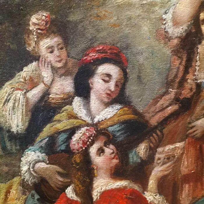 Large Oil-on-Canvas Painting of Aristocrats in a Lush Garden, 19th Century