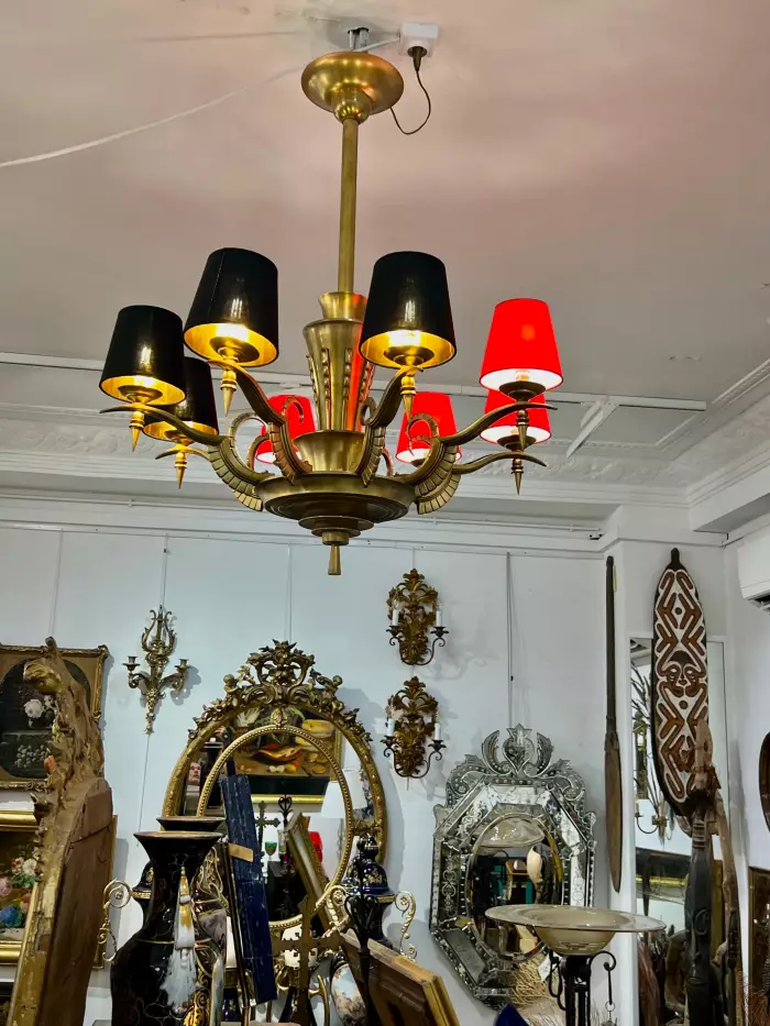 Eight-Armed Chandelier with Red or Black Lampshades, Art Deco, Mid-20th Century