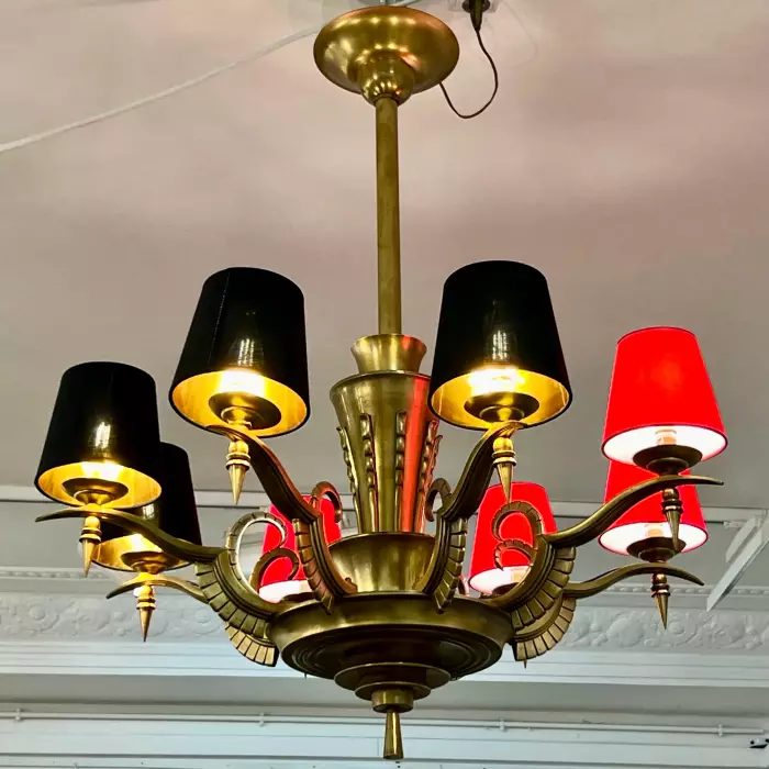 Eight-Armed Chandelier with Red or Black Lampshades, Art Deco, Mid-20th Century