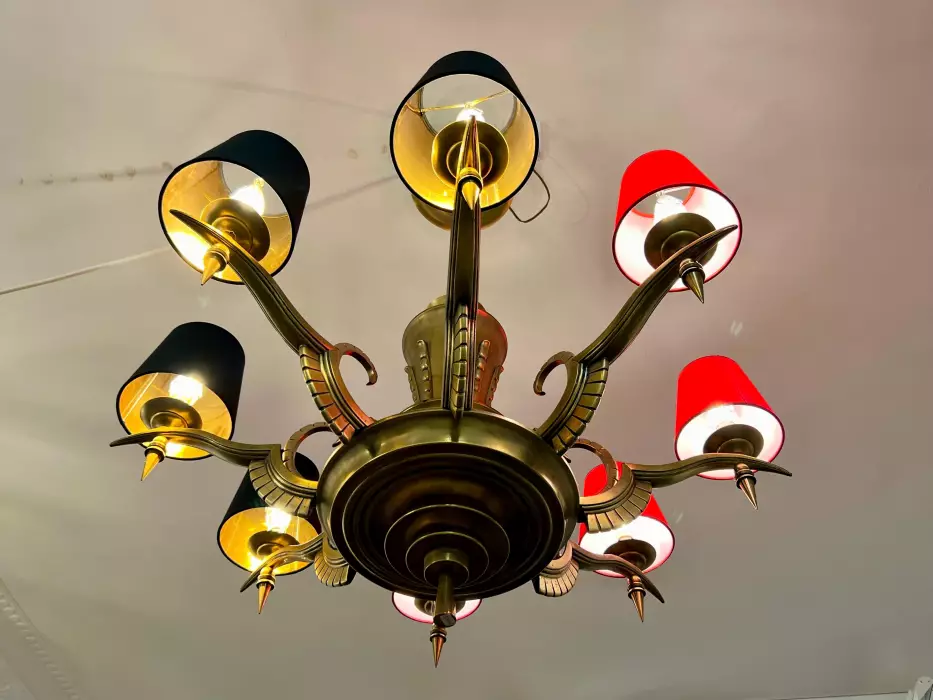 Eight-Armed Chandelier with Red or Black Lampshades, Art Deco, Mid-20th Century