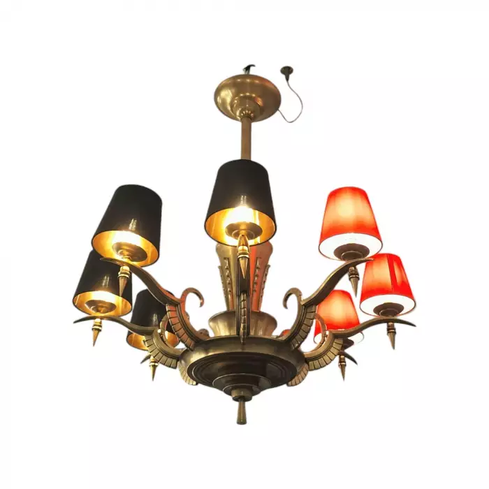 Eight-Armed Chandelier with Red or Black Lampshades, Art Deco, Mid-20th Century