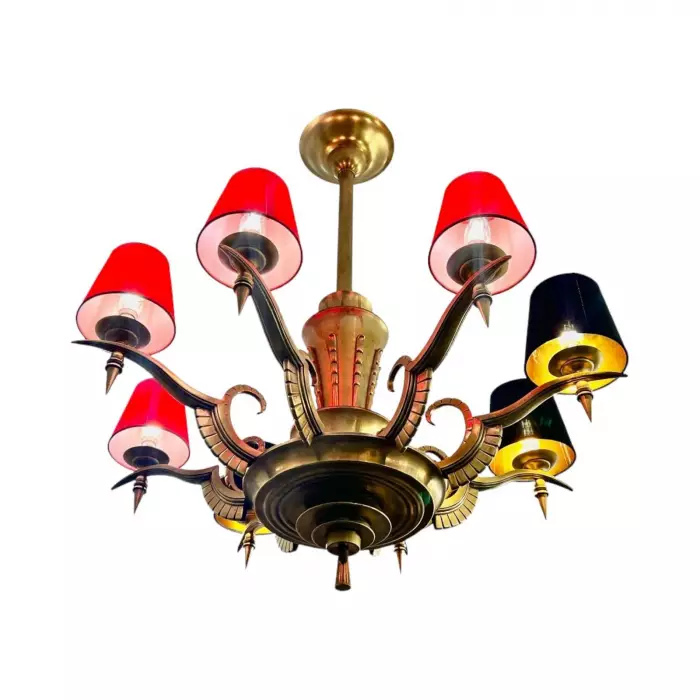 Eight-Armed Chandelier with Red or Black Lampshades, Art Deco, Mid-20th Century