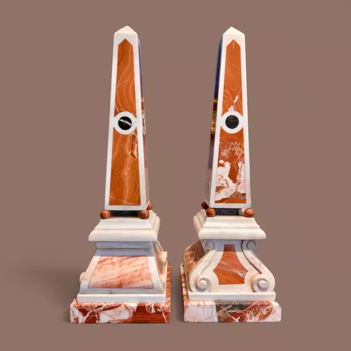 19th Century Pair of Obelisks in Carrara Marble, Sicilian Jasper & Black Portoro