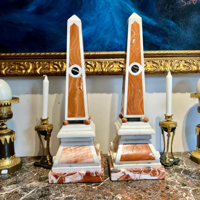 19th Century Pair of Obelisks in Carrara Marble, Sicilian Jasper & Black Portoro
