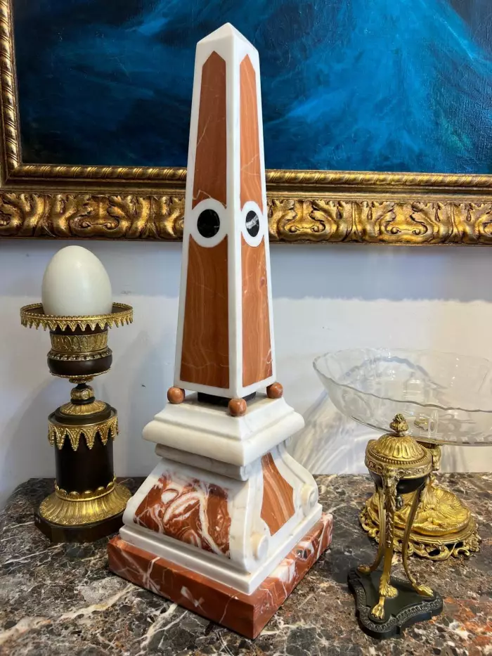 19th Century Pair of Obelisks in Carrara Marble, Sicilian Jasper & Black Portoro