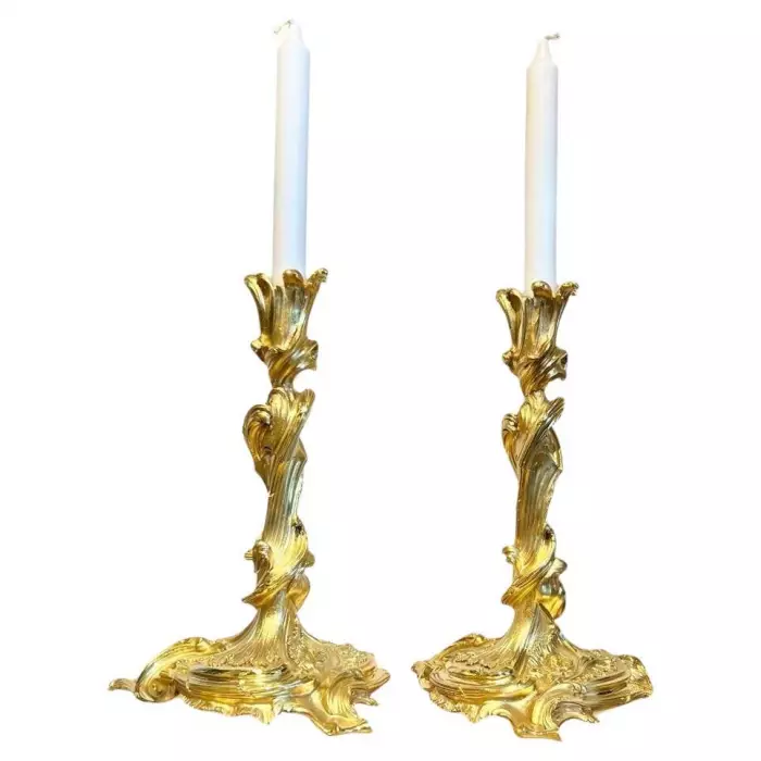 19th Century Pair of Gilt Bronze Candlesticks after a model by Meissonnier