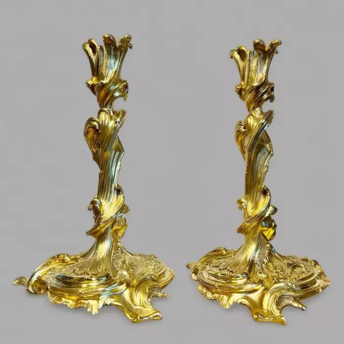 19th Century Pair of Gilt Bronze Candlesticks after a model by Meissonnier