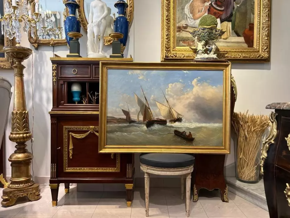 Early 19th Century Oil-on-Canvas Marine Painting `Les Plates of Villerville`