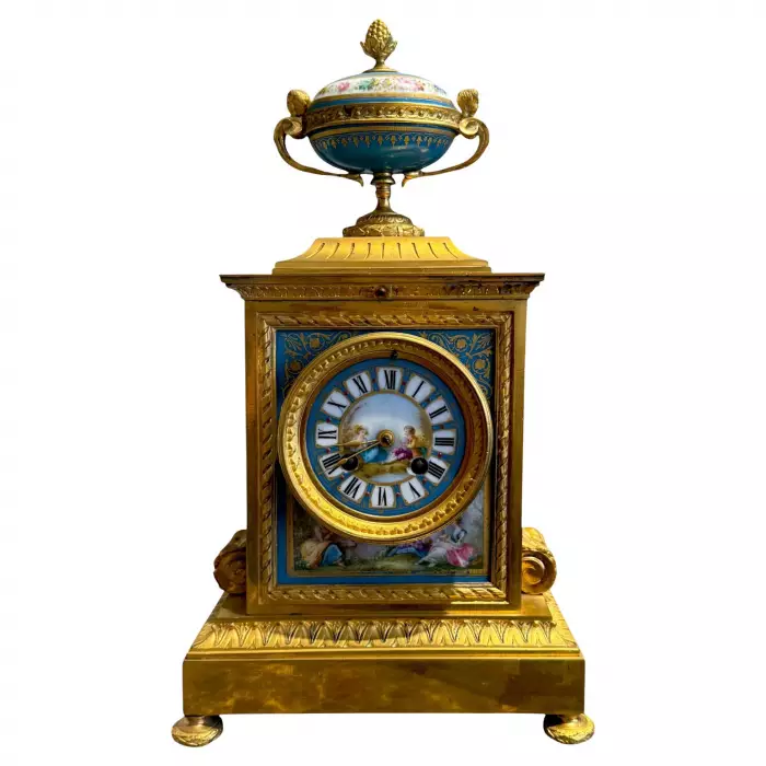 French Louis XVI Style Porcelain and Gilt Bronze Mantel Clock, 19th Century