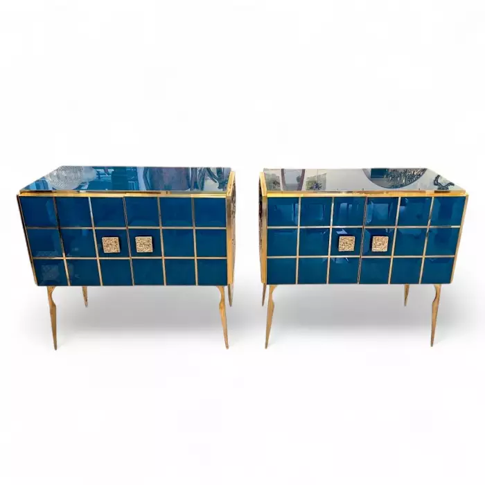Pair of Faceted Turquoise Murano Glass and Gilded Brass Consoles, Circa 196070