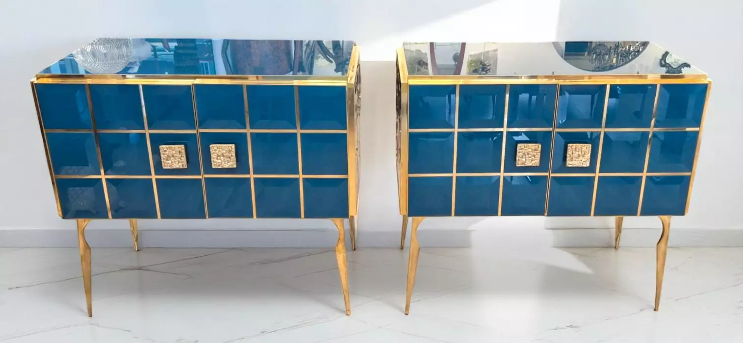 Pair of Faceted Turquoise Murano Glass and Gilded Brass Consoles, Circa 196070