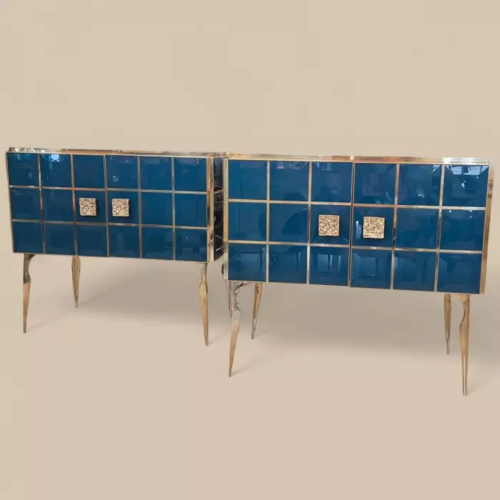 Pair of Faceted Turquoise Murano Glass and Gilded Brass Consoles, Circa 196070